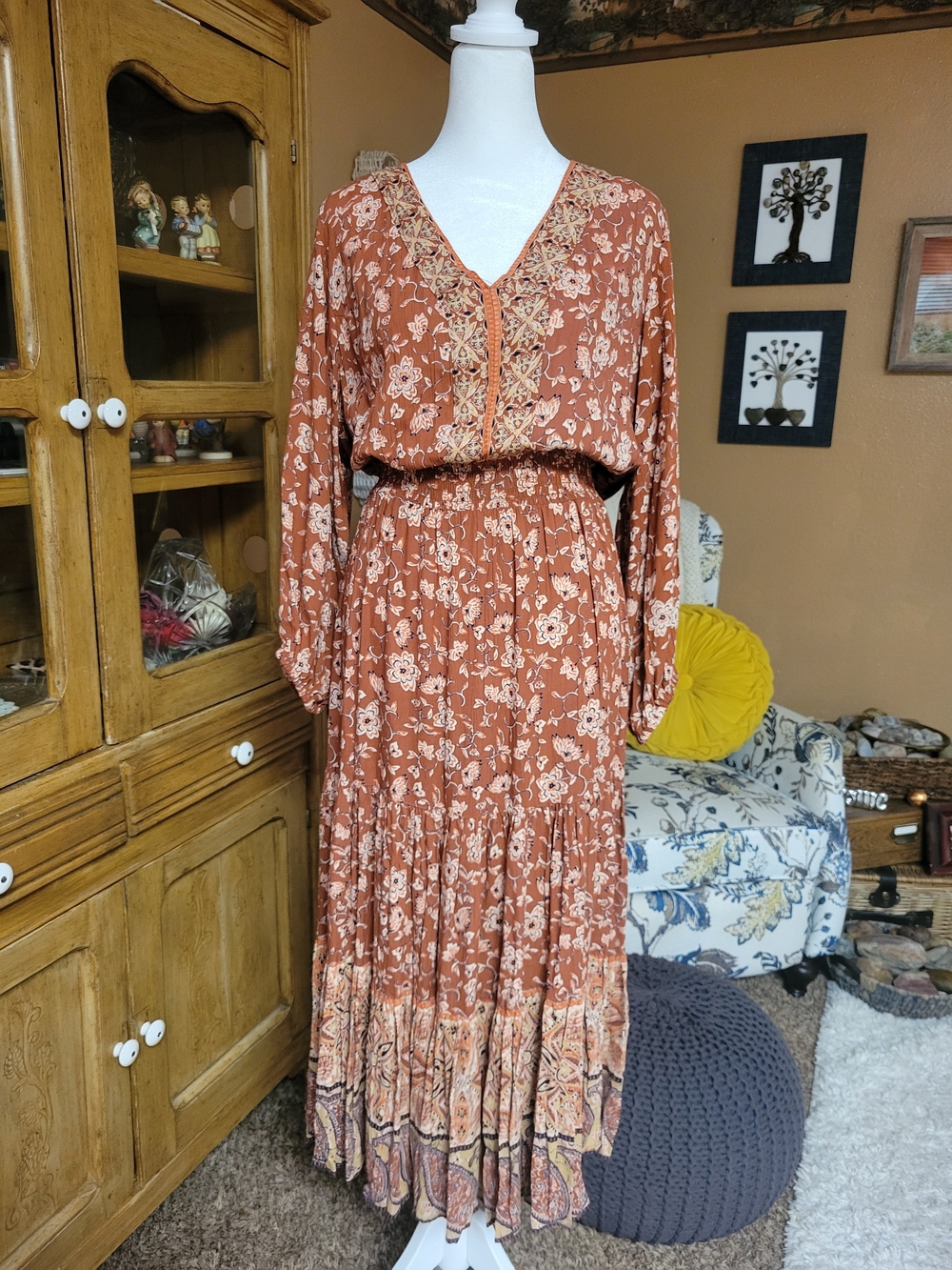 Lola P. Bohemian Rust Floral Maxi Dress with Trimmed V-Neck